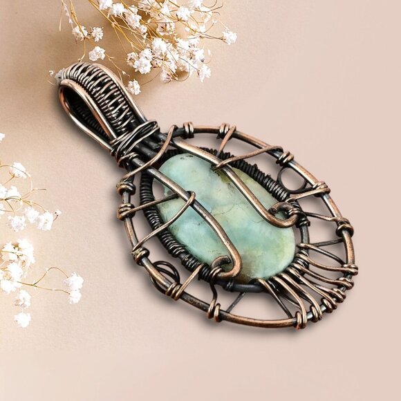 Handmade ✦ Copper Wire Wrap Tree of Life Pendant ✦ Oval Larimar Stone Necklace - Picture 4 of 9